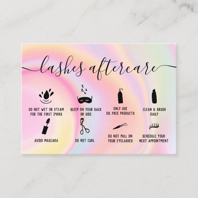 Rainbow lashes aftercare illustrations marble business card (Front)