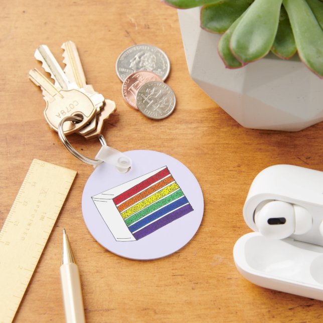 Rainbow Layer Cake Slice Gay Pride Wedding LGBT Key Ring (Desk)