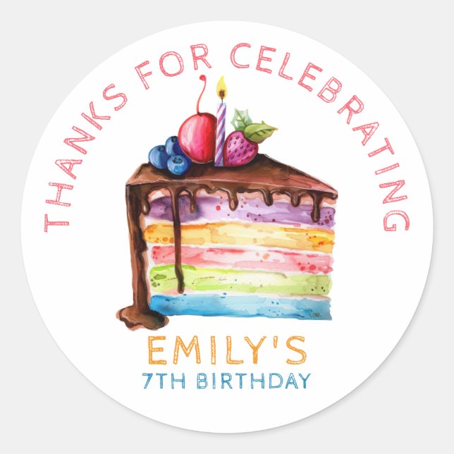 Rainbow Layered Chocolate Cake Slice Birthday  Classic Round Sticker (Front)