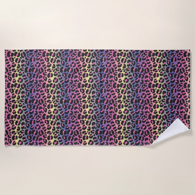 Rainbow Leopard Animal Print Pattern Beach Towel (Front)