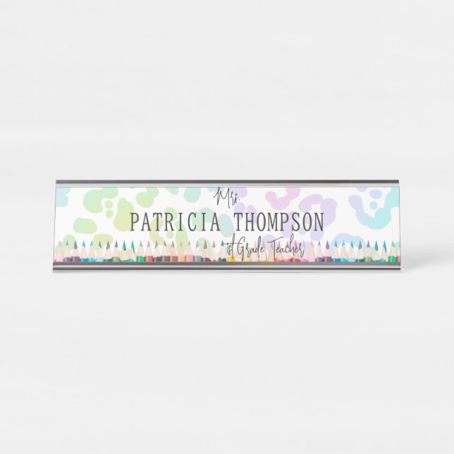 Rainbow Leopard Crayon School Teacher Educator Desk Name Plate (Front)