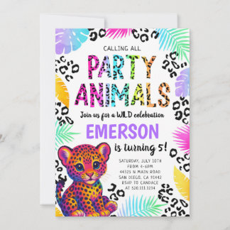 Rainbow Leopard Party Animals Birthday Invitation