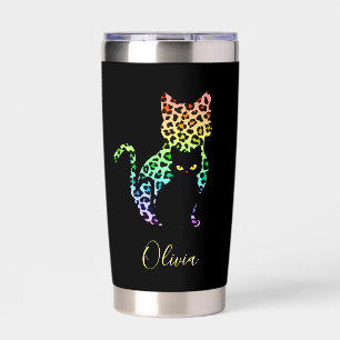 Rainbow Leopard Print Cat Silhouette & Black Kitty Insulated Tumbler