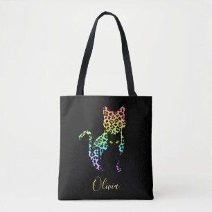 Rainbow Leopard Print Cat Silhouette & Black Kitty Tote Bag