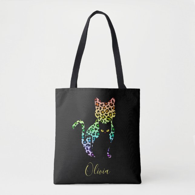 Rainbow Leopard Print Cat Silhouette & Black Kitty Tote Bag (Front)