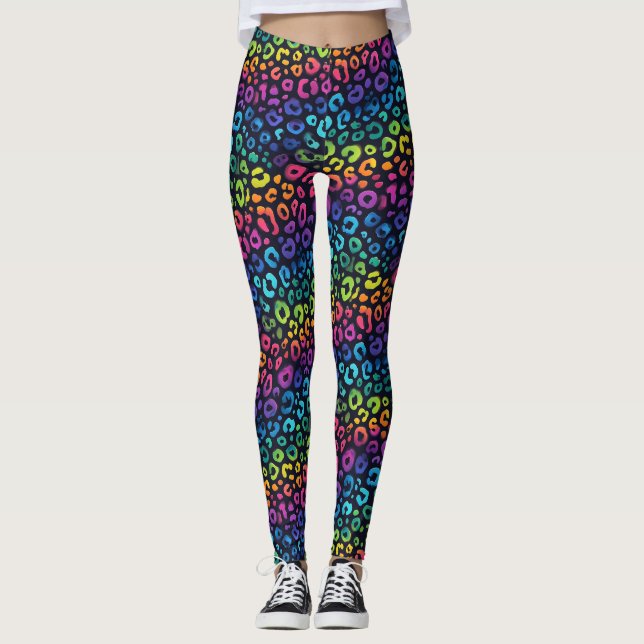 Rainbow Leopard Print Leggings | Bold Colourful (Front)