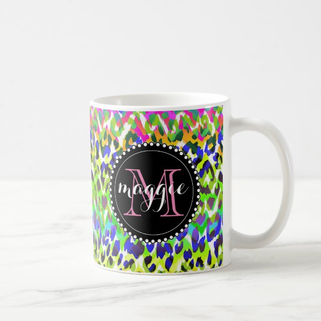Rainbow Leopard Print Monogram pattern Coffee Mug (Right)