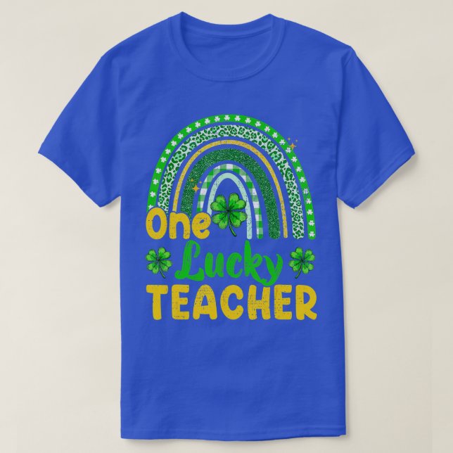 Rainbow Leopard Shamrock One Lucky Teacher St Patr T-Shirt (Design Front)