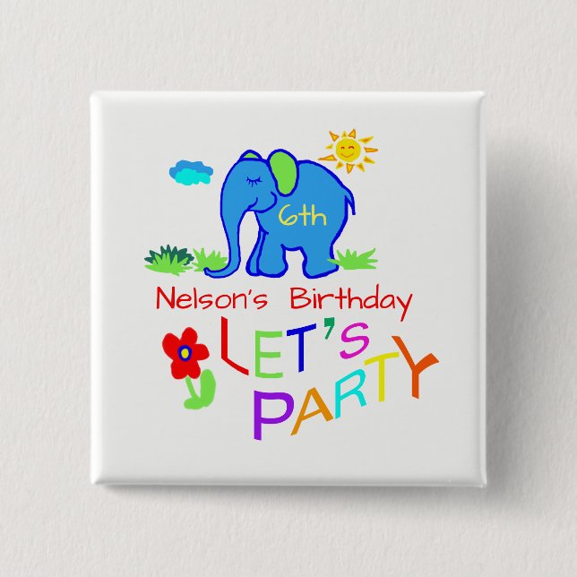 Rainbow Let's Party Elephant Name & Age Birthday 15 Cm Square Badge (Front)
