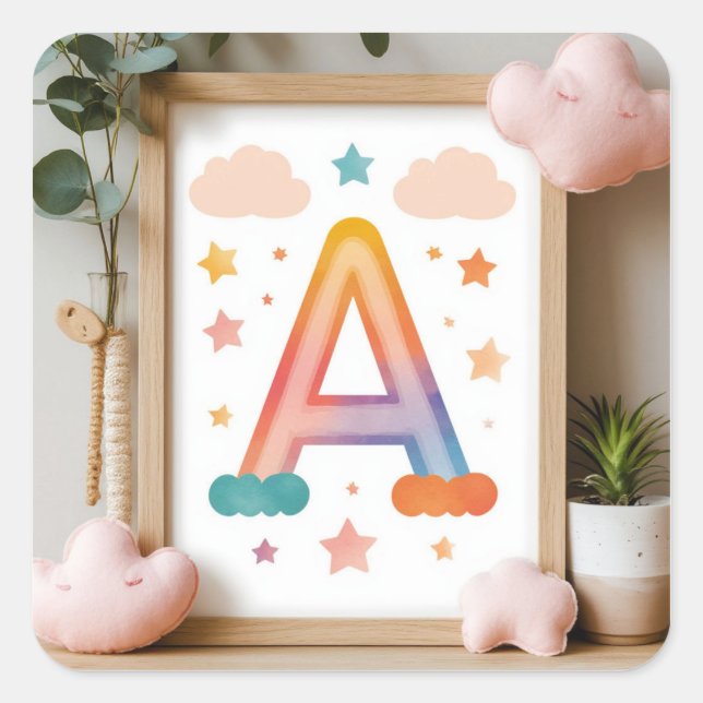 🌈 Rainbow Letter A Nursery Decor With Stars 🌈 Square Sticker (Front)