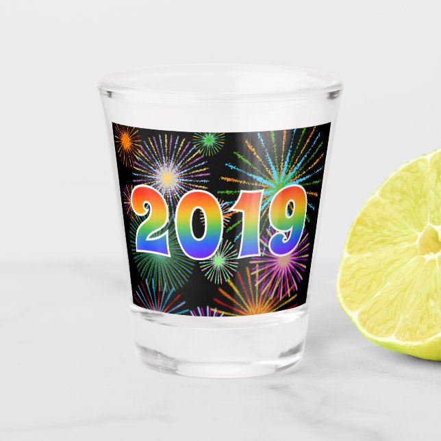 Rainbow Letters "2019" + Fireworks Shot Glass (Front)