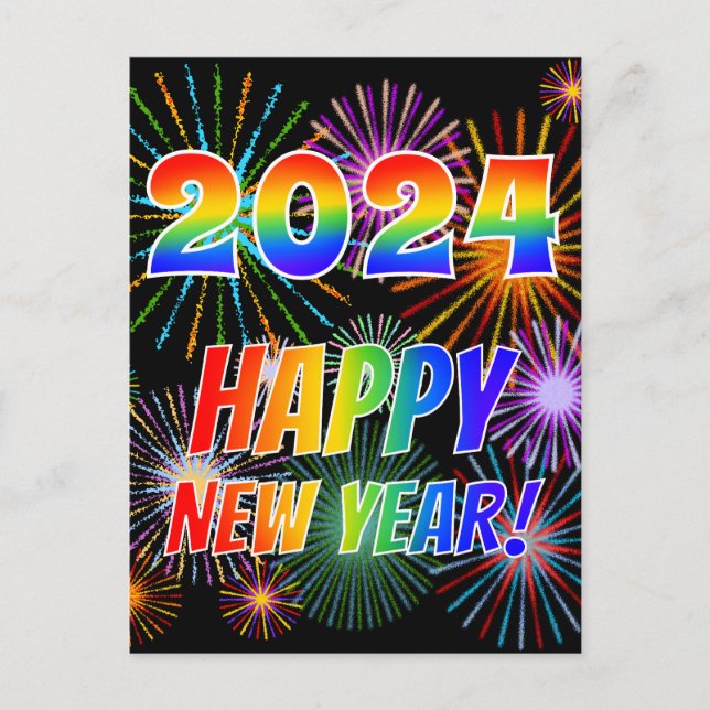 Rainbow Letters "2024" + "HAPPY NEW YEAR!" Postcard (Front)
