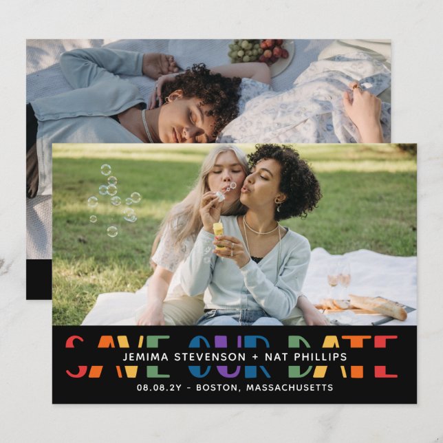 Rainbow Letters Black LGBTQ+ Typography Photo Save The Date (Front/Back)