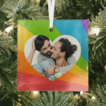 Rainbow LGBT Couple Photo Romantic Heart Christmas Glass Tree Decoration<br><div class="desc">Cute custom gay pride couple Christmas ornament gift for happily married men. Add your own romantic photograph inside the pretty LGBT heart for a personalized present of love.</div>