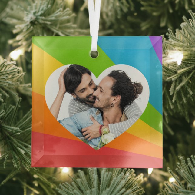 Rainbow LGBT Couple Photo Romantic Heart Christmas Glass Tree Decoration (Insitu)