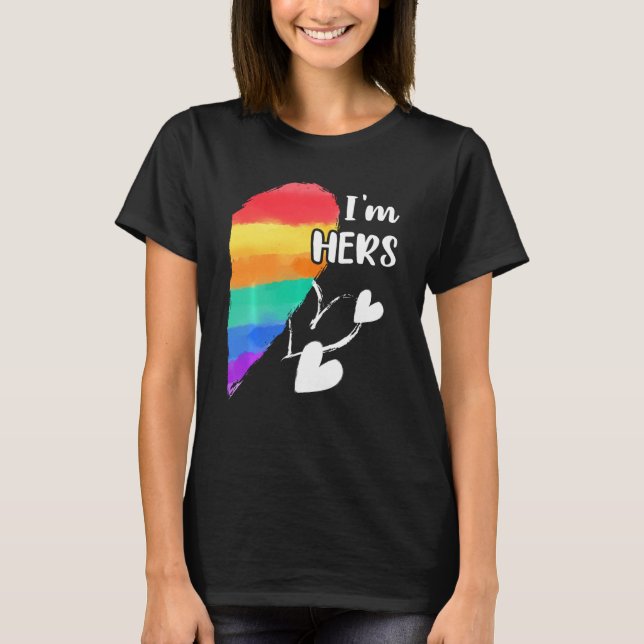 Rainbow Lgbt Heart I'm Hers For Couples Gay Lesbia T-Shirt (Front)