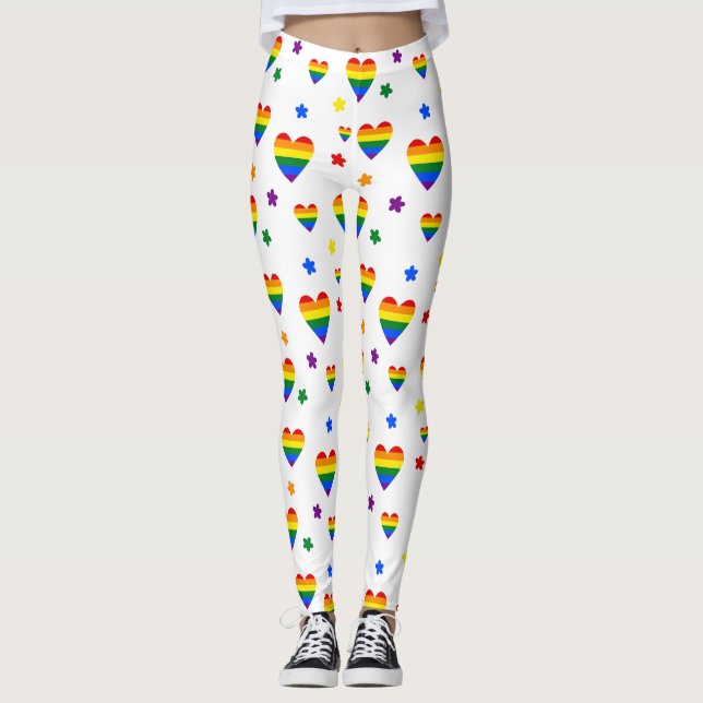 Rainbow LGBT Hearts and Colourful Flowers Pattern Leggings (Front)
