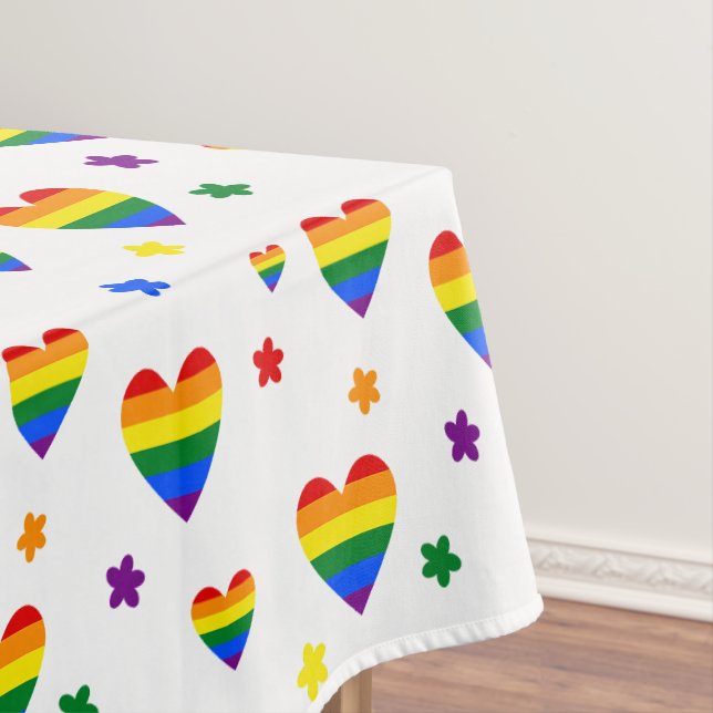 Rainbow LGBT Hearts and Colourful Flowers Pattern Tablecloth (In Situ)