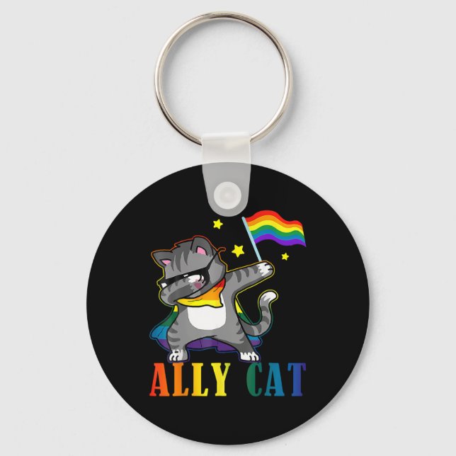 Rainbow Lgbt Lesbian Pride Funny Cat Dabbing  Key Ring (Front)