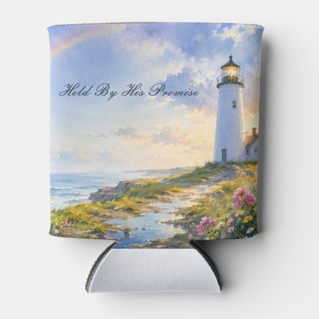 Rainbow Lighthouse Coastal Watercolor Can Cooler (Front)