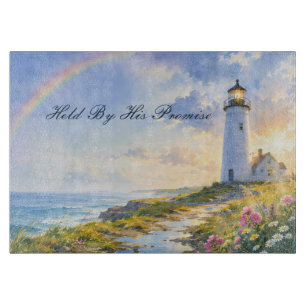 Rainbow Lighthouse Coastal Watercolor Cutting Board