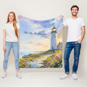Rainbow Lighthouse Coastal Watercolor Fleece Blanket