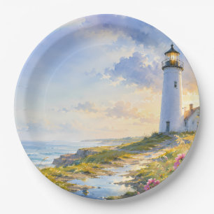 Rainbow Lighthouse Coastal Watercolor Paper Plate