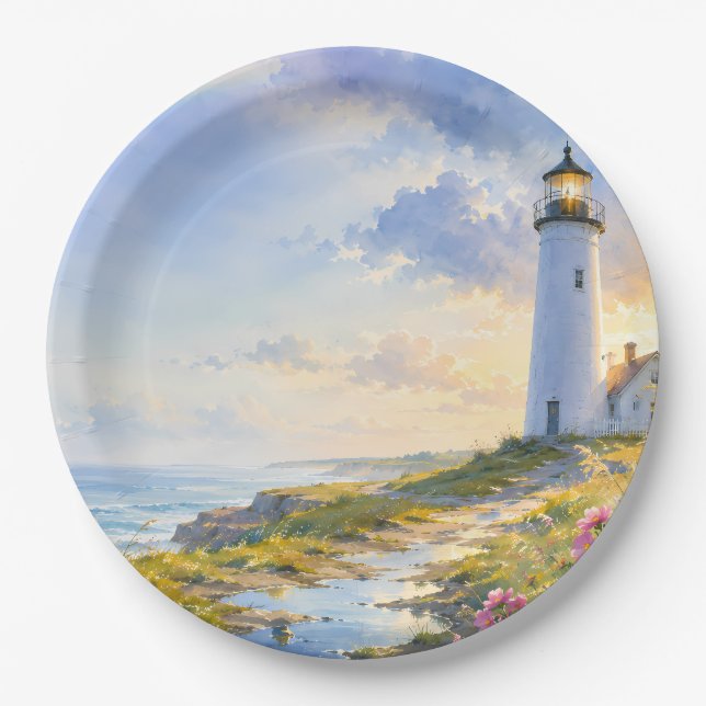 Rainbow Lighthouse Coastal Watercolor Paper Plate (Front)