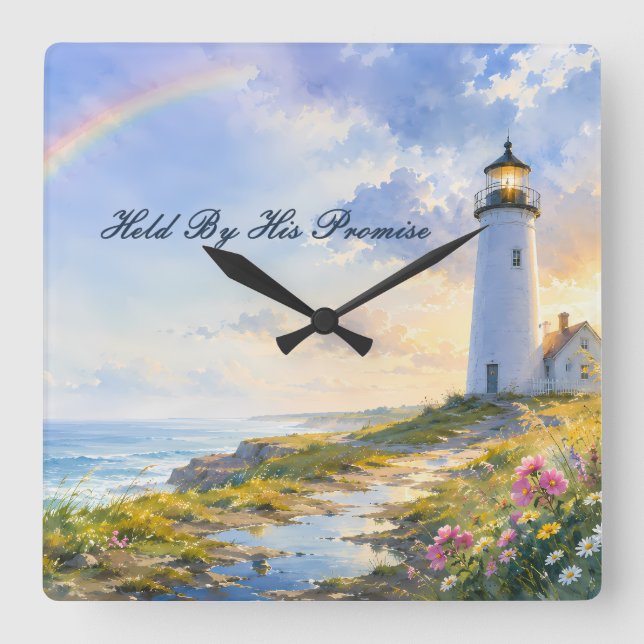 Rainbow Lighthouse Coastal Watercolor Square Wall Clock (Front)