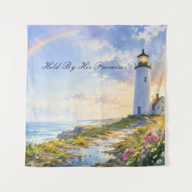 Rainbow Lighthouse Coastal Watercolor Tapestry (Front)
