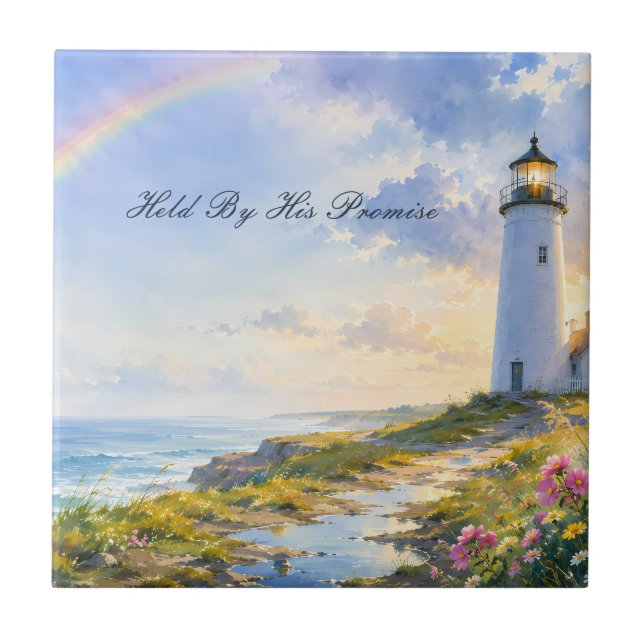 Rainbow Lighthouse Coastal Watercolor Tile (Front)