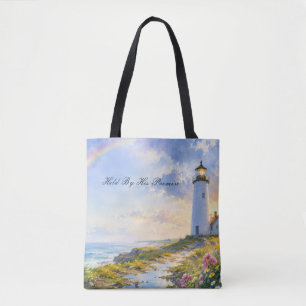Rainbow Lighthouse Coastal Watercolor Tote Bag