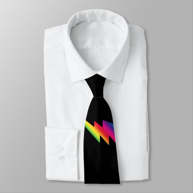 Rainbow Lightning Bolt Ribbon Gay Pride Men's Tie (Tied)