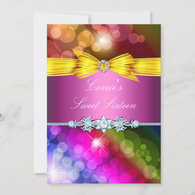 Rainbow Lights & Bow Sweet Sixteen Invite (Front)