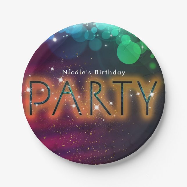 Rainbow Lights Sparkle Dance Club Birthday Party Paper Plate (Front)