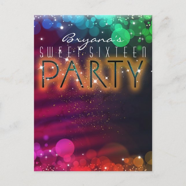 Rainbow Lights Sparkle Dance Club Party Invitation Postcard (Front)