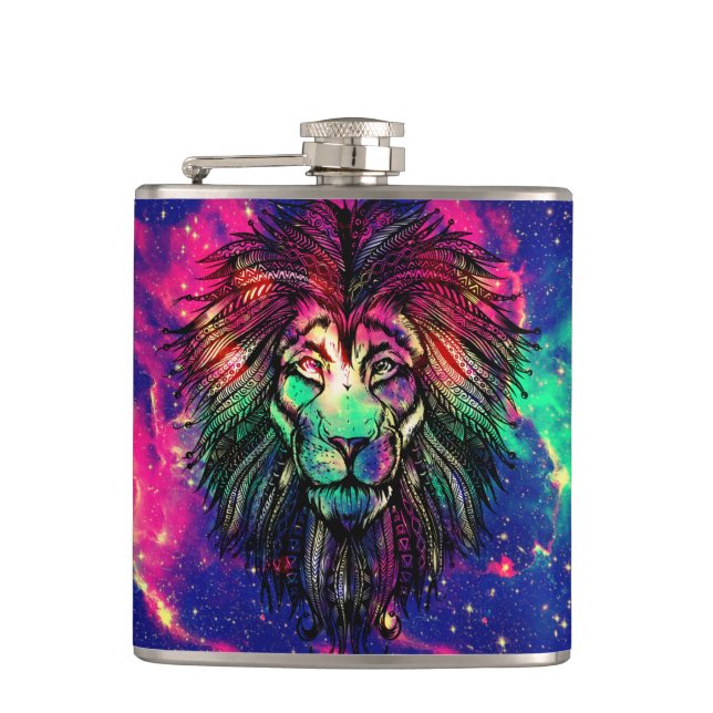 Rainbow Lion Hipster Galaxy Hip Flask (Front)