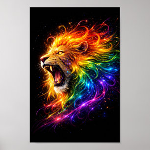 Rainbow Lion Roar – Cosmic Neon Wildlife art Poster