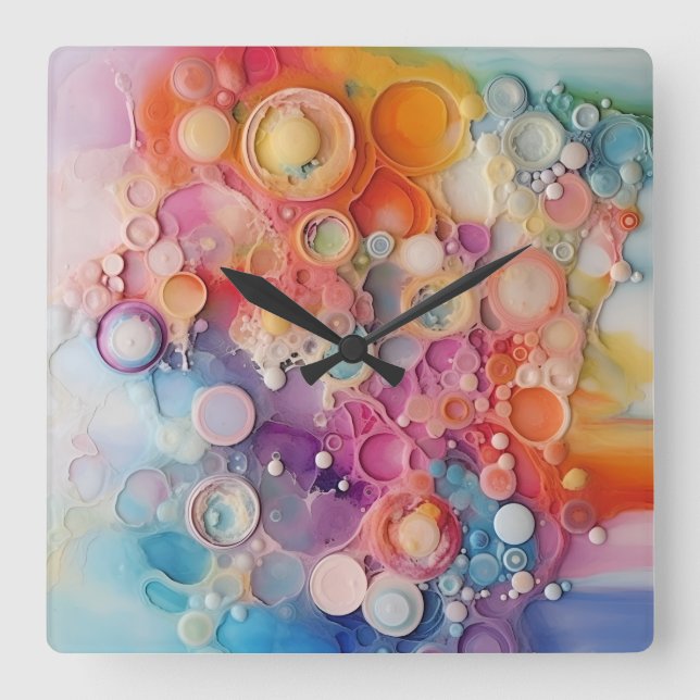 Rainbow Liquid Pour Cells Art Abstract Design  Square Wall Clock (Front)
