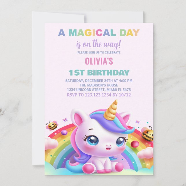 Rainbow Little Unicorn Birthday Invitations (Front)
