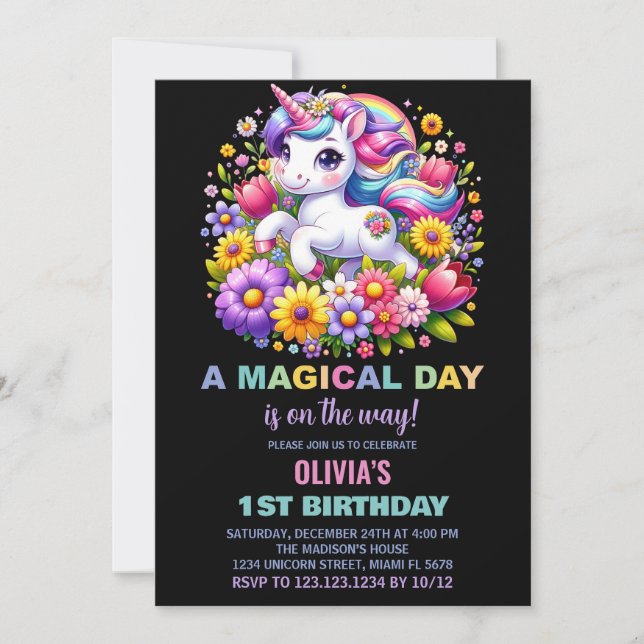 Rainbow Little Unicorn Birthday Invitations (Front)