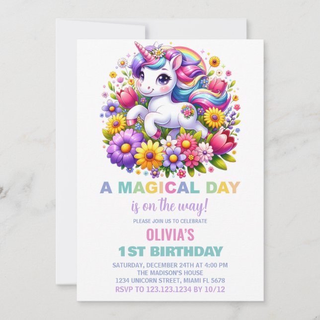 Rainbow Little Unicorn Birthday Invitations (Front)