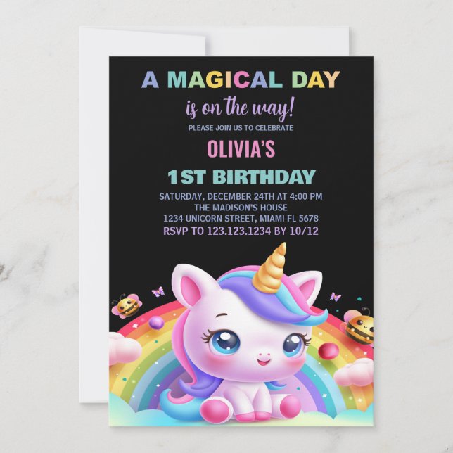 Rainbow Little Unicorn Birthday Invitations (Front)