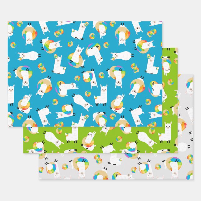 Rainbow Llama Doughnuts Kids Adorable Wrapping Paper Sheet (Set)