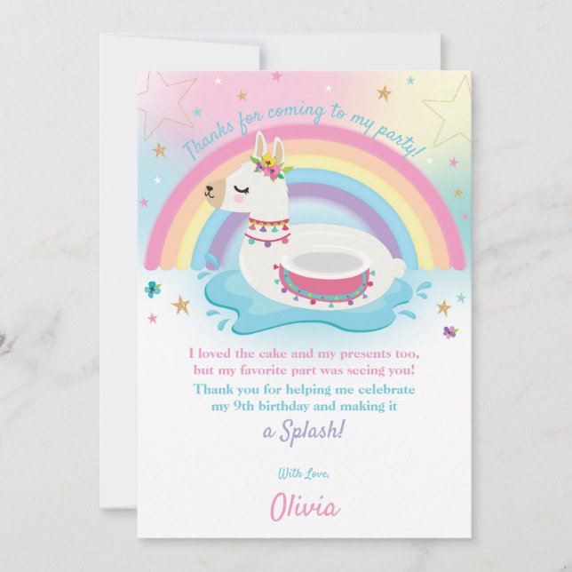 Rainbow Llama Fun Pool Party Birthday Girl Thank You Card (Front)