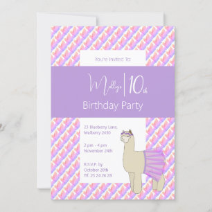 Rainbow Llama Purple Girls 10th Birthday Invitation