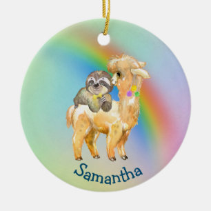 Rainbow Llama Sloth Personalised Adorable Ceramic Tree Decoration
