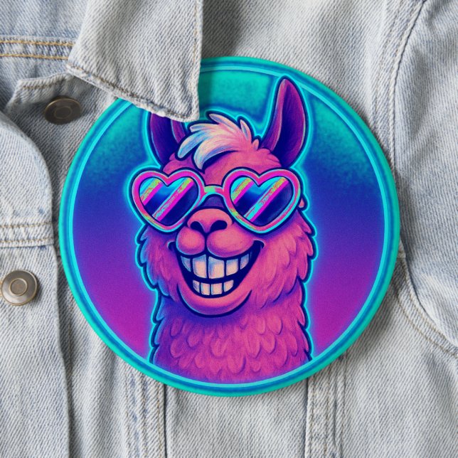 Rainbow Llama with Heart Pride Shades 6 Cm Round Badge (In Situ)