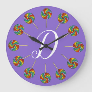 Rainbow Lollipop Candy Lolly Purple Initial Large Clock