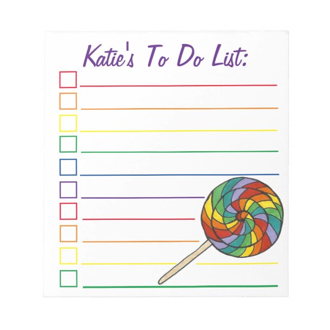 Rainbow Lollipop Candy Personalised To Do List Notepad (Front)